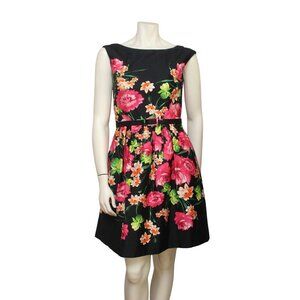 Eliza J Black Pink Floral Woven Cotton Stretch Belted Sleeveless Dress Size 4